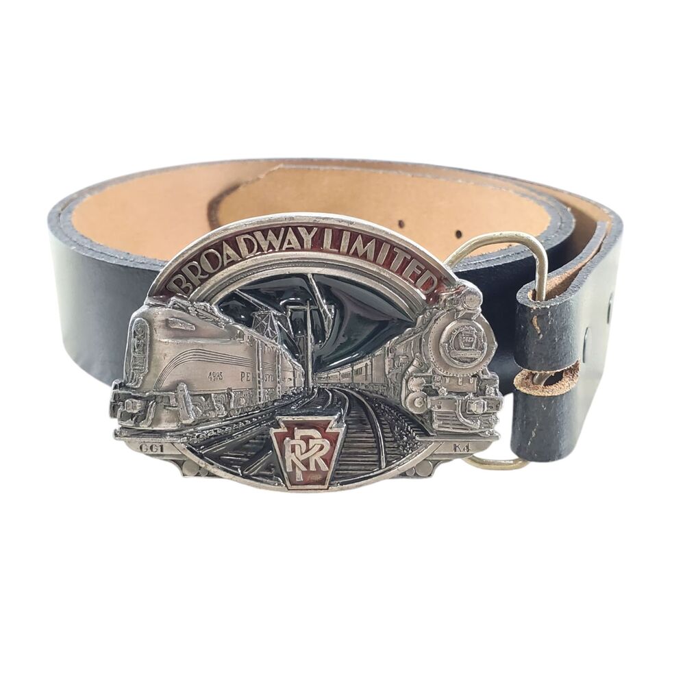 Vtg sz 44-48 Leather Train Enthusiasts Belt Buckle RR Broadway 1.5" 1987 Black